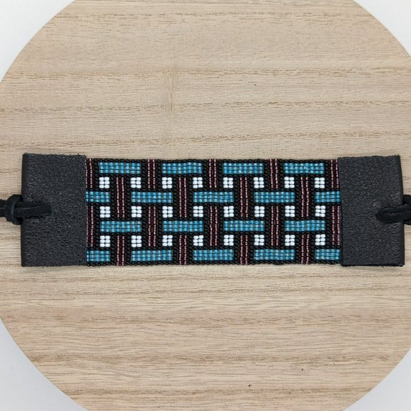 Loom Beaded Bracelet Purple & Teal w/ Leather Ends - Picture 3 of 5